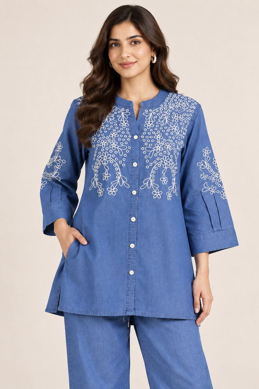 Women's Denim Blue White Floral Embroidered Co-Ord Set