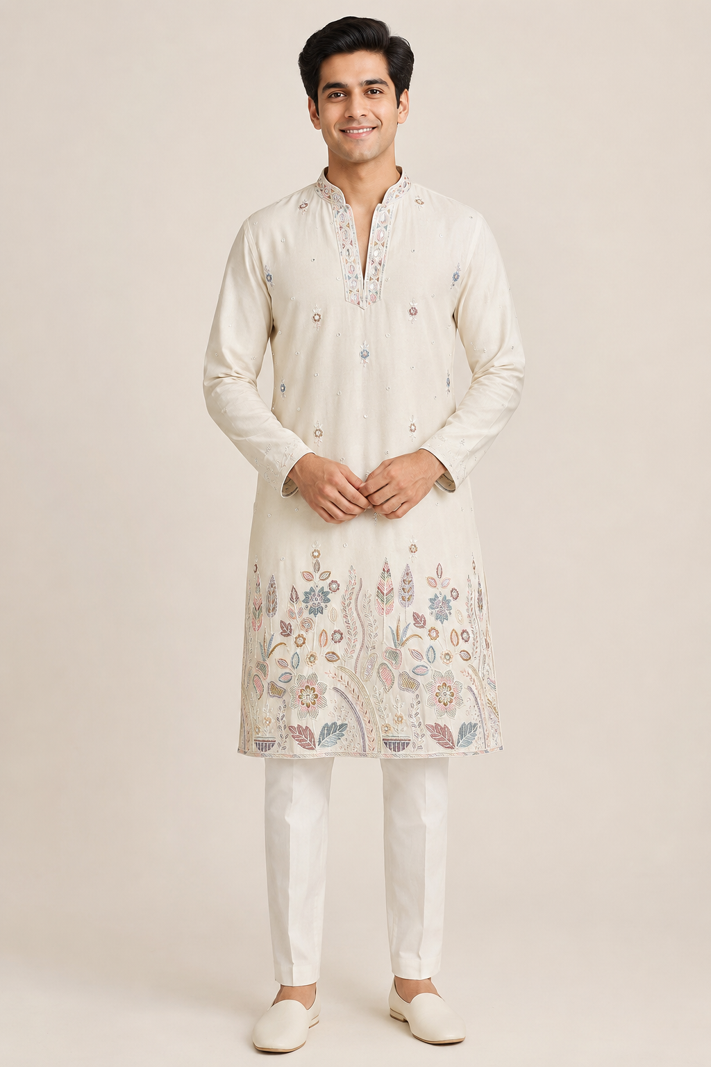 Ivory Multicolor Embroidered Festive Kurta Set