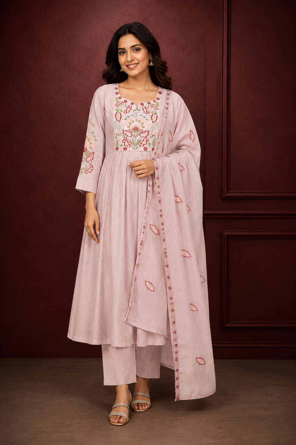 Blush Pink Floral Embroidered Kurta, Pant & Dupatta Set