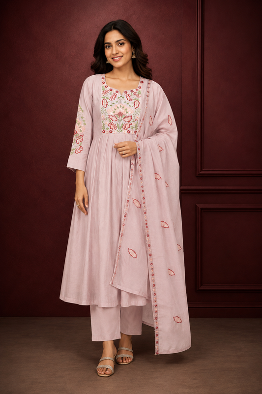 Blush Pink Floral Embroidered Kurta, Pant & Dupatta Set