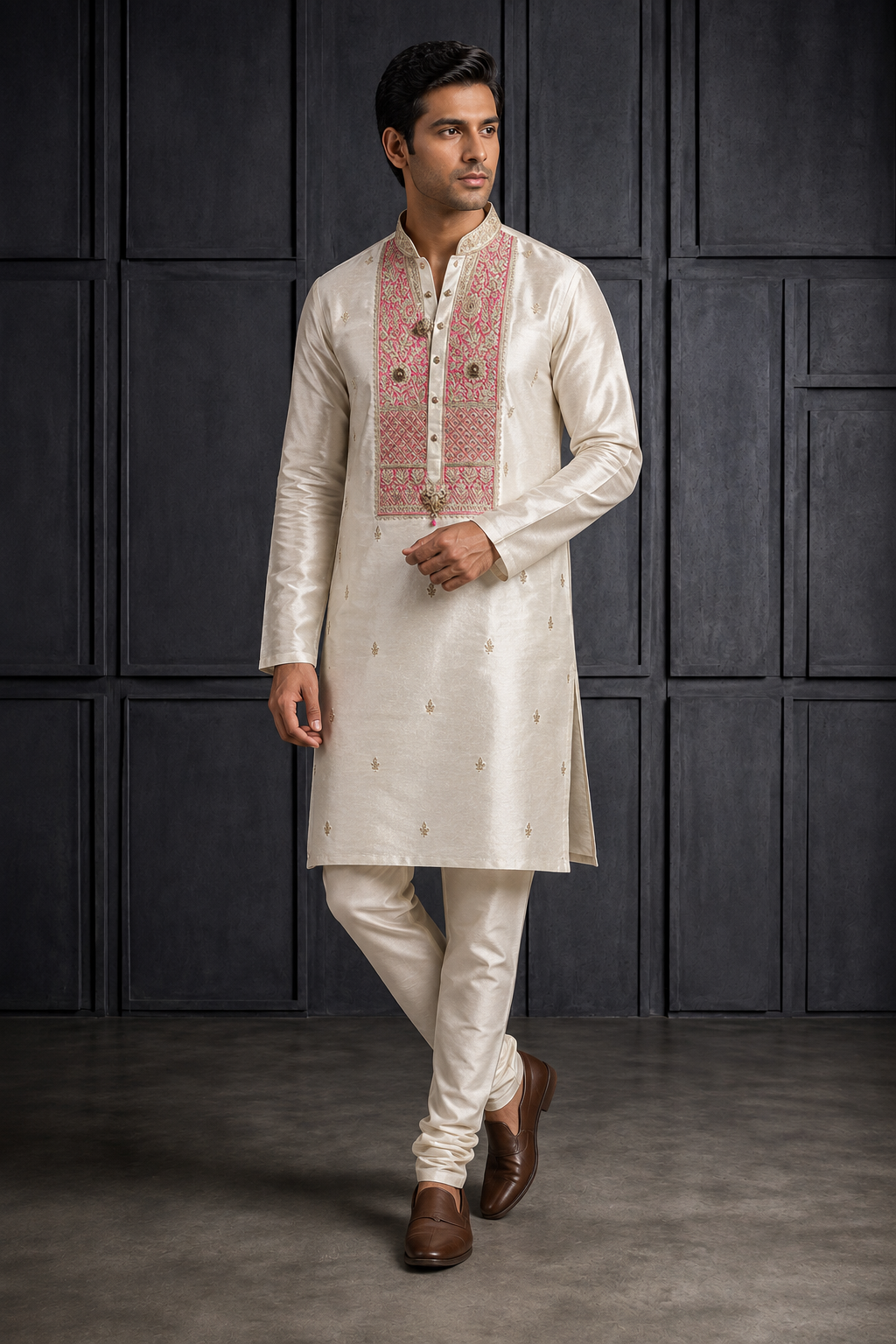 Ivory Kurta with Pink Embroidered Statement Panel