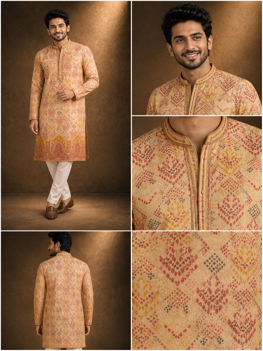 Royal Beige Heritage Print Festive Kurta