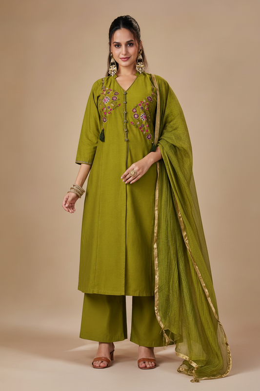 Olive Green Embroidered Kurta Pant Dupatta Set for Women