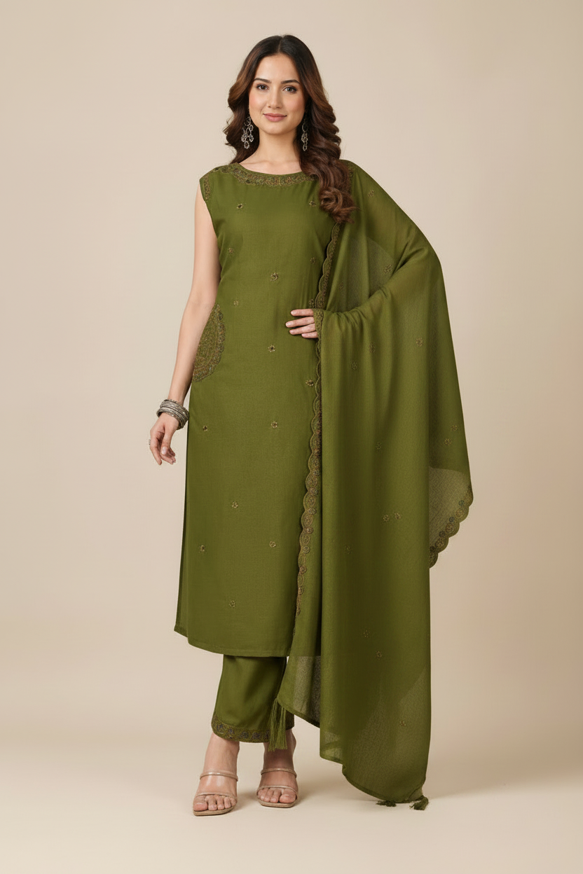 Women's Olive Green Embroidered Kurta Pant & Dupatta Set