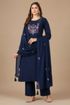 Women's Navy Blue Embroidered Kurta Pant & Dupatta Set