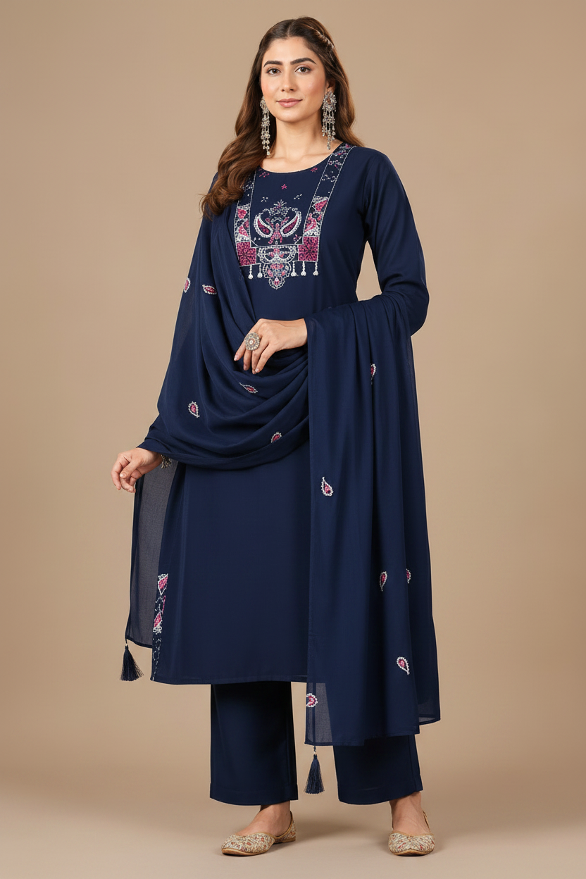 Women's Navy Blue Embroidered Kurta Pant & Dupatta Set