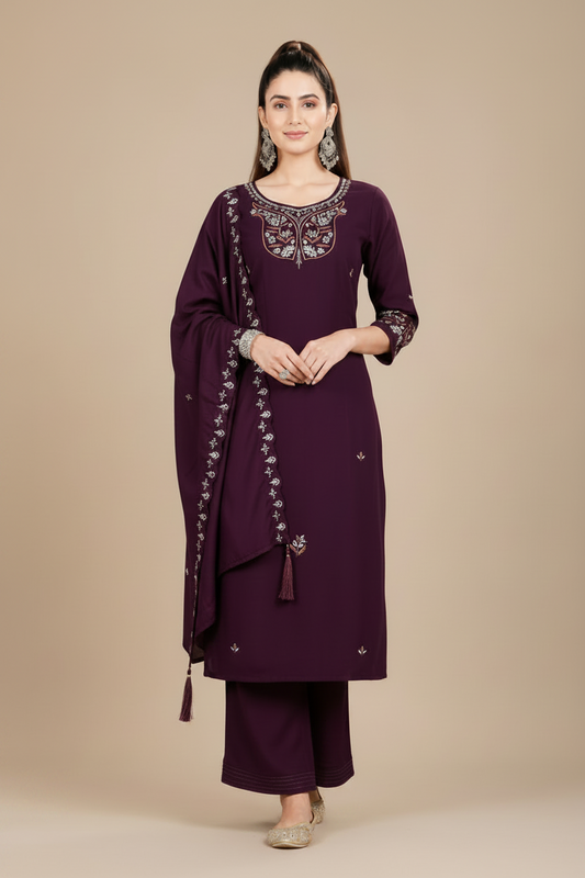 Women's Deep Plum Embroidered Kurta Pant & Dupatta Set