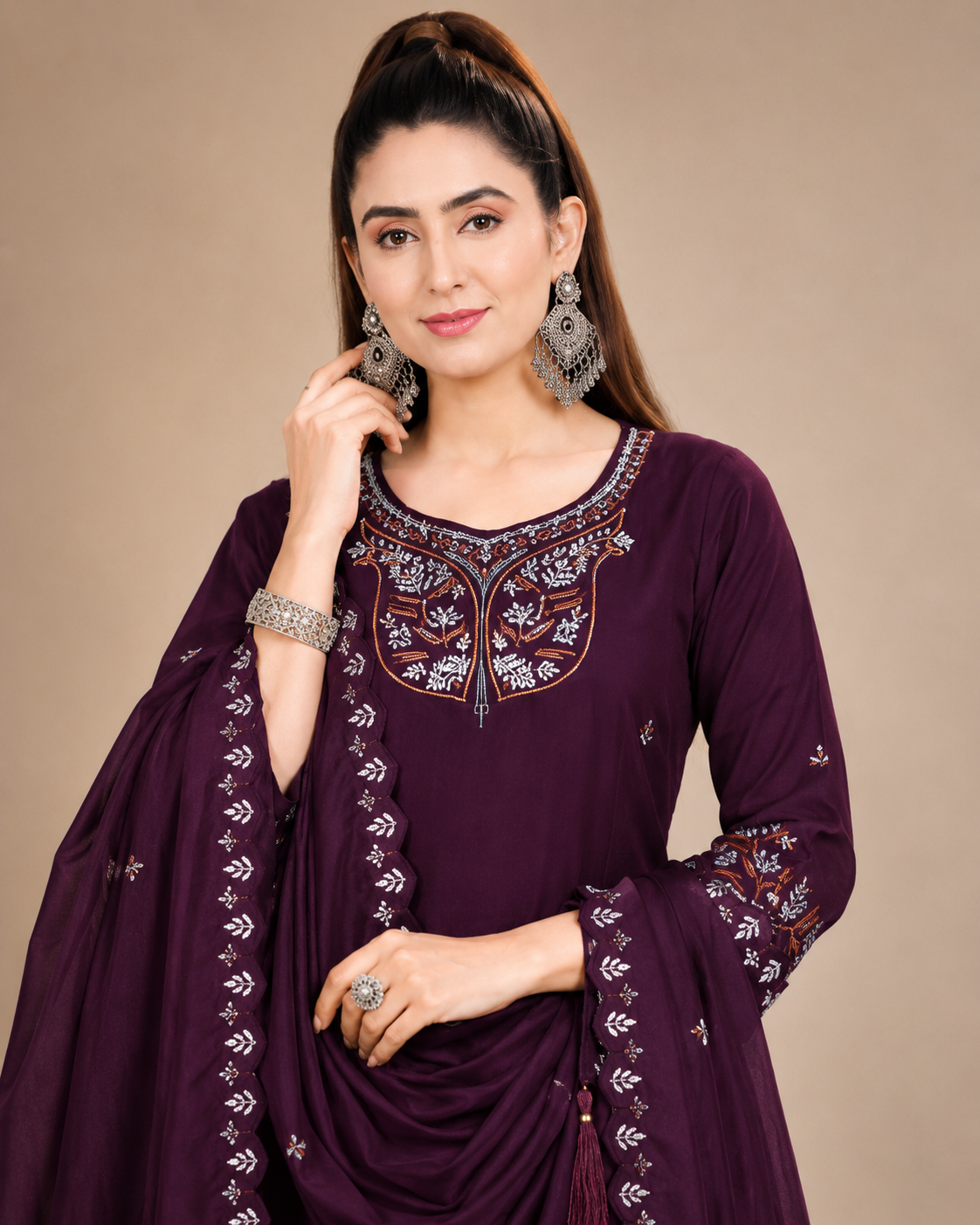 Women's Deep Plum Embroidered Kurta Pant & Dupatta Set