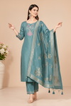 Women's Teal Blue Embroidered Kurta Pant & Dupatta Set