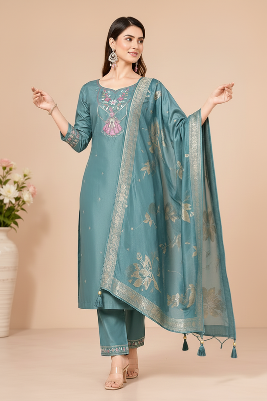 Women's Teal Blue Embroidered Kurta Pant & Dupatta Set