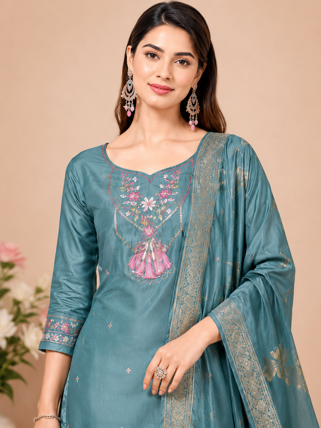 Women's Teal Blue Embroidered Kurta Pant & Dupatta Set
