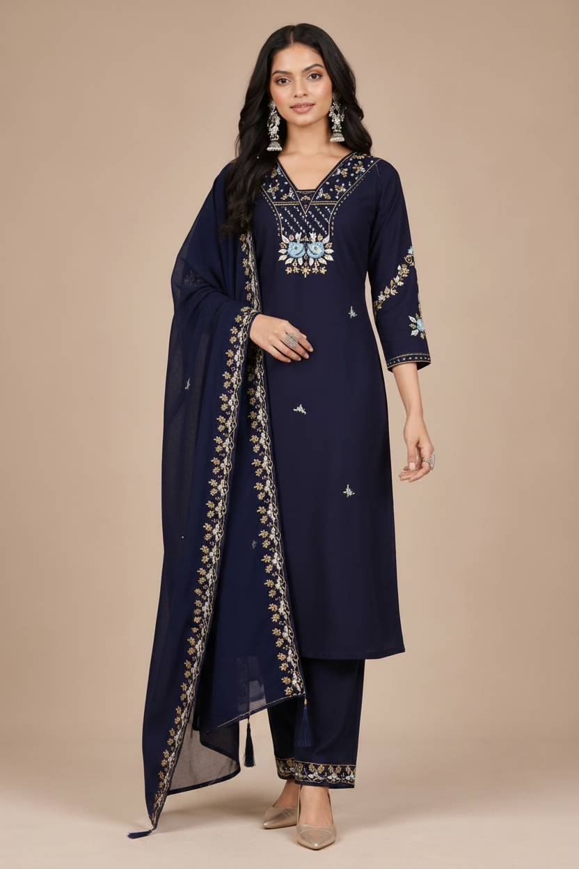 Navy Blue Embroidered Kurta Palazzo Set with Dupatta