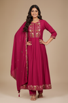 Women's Magenta Embroidered Anarkali Kurta Pant & Dupatta Set