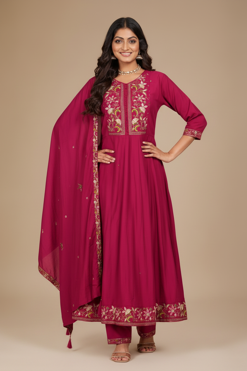 Women's Magenta Embroidered Anarkali Kurta Pant & Dupatta Set