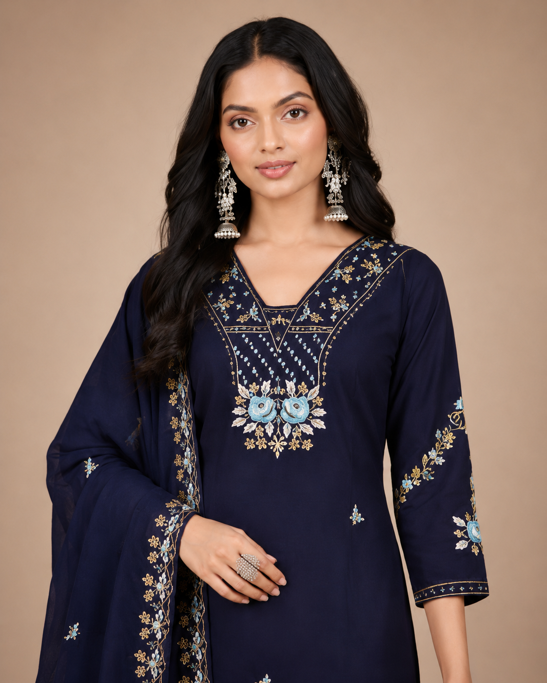 Navy Blue Embroidered Kurta Palazzo Set with Dupatta