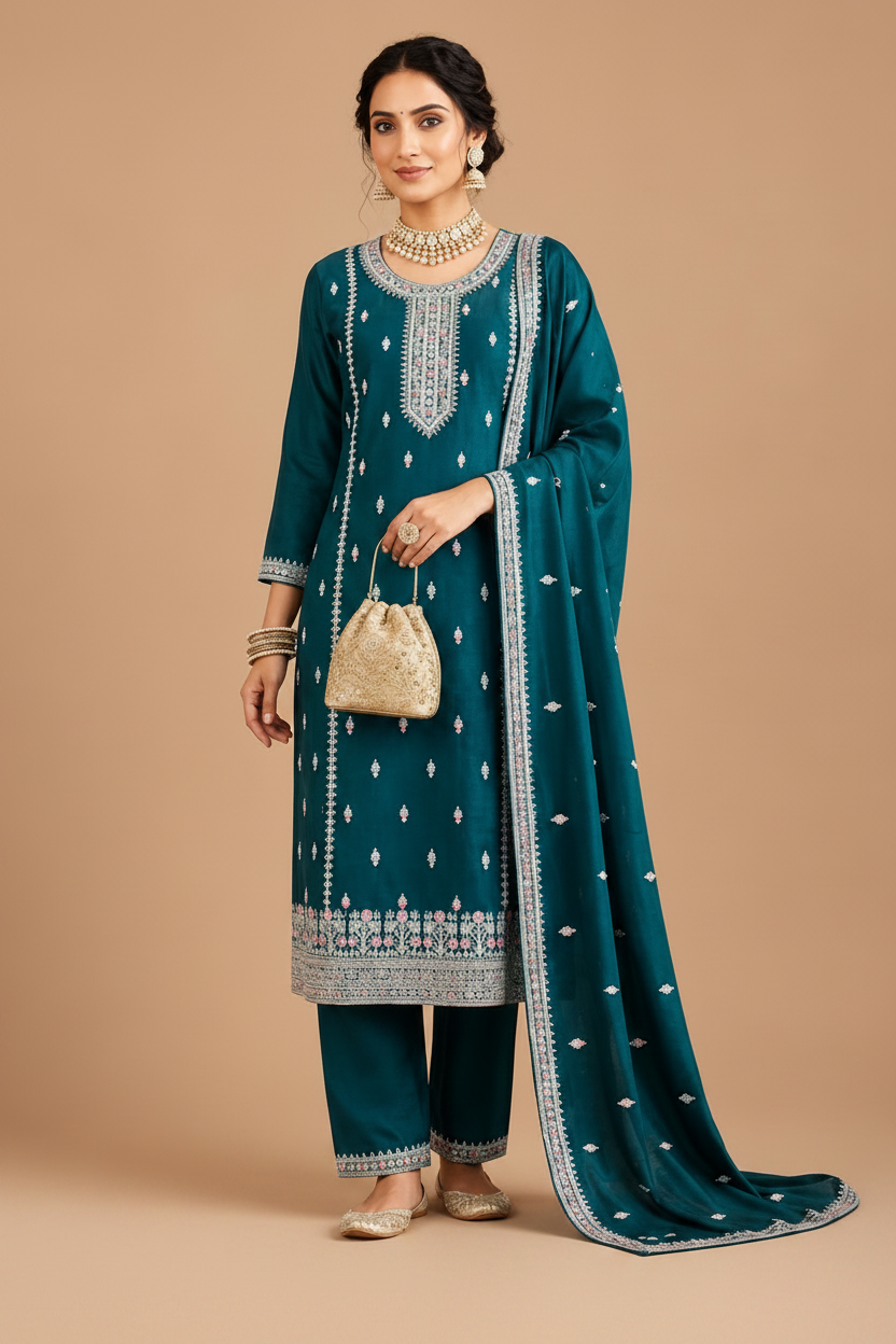 Teal Blue Embroidered Kurta Palazzo Set with Dupatta