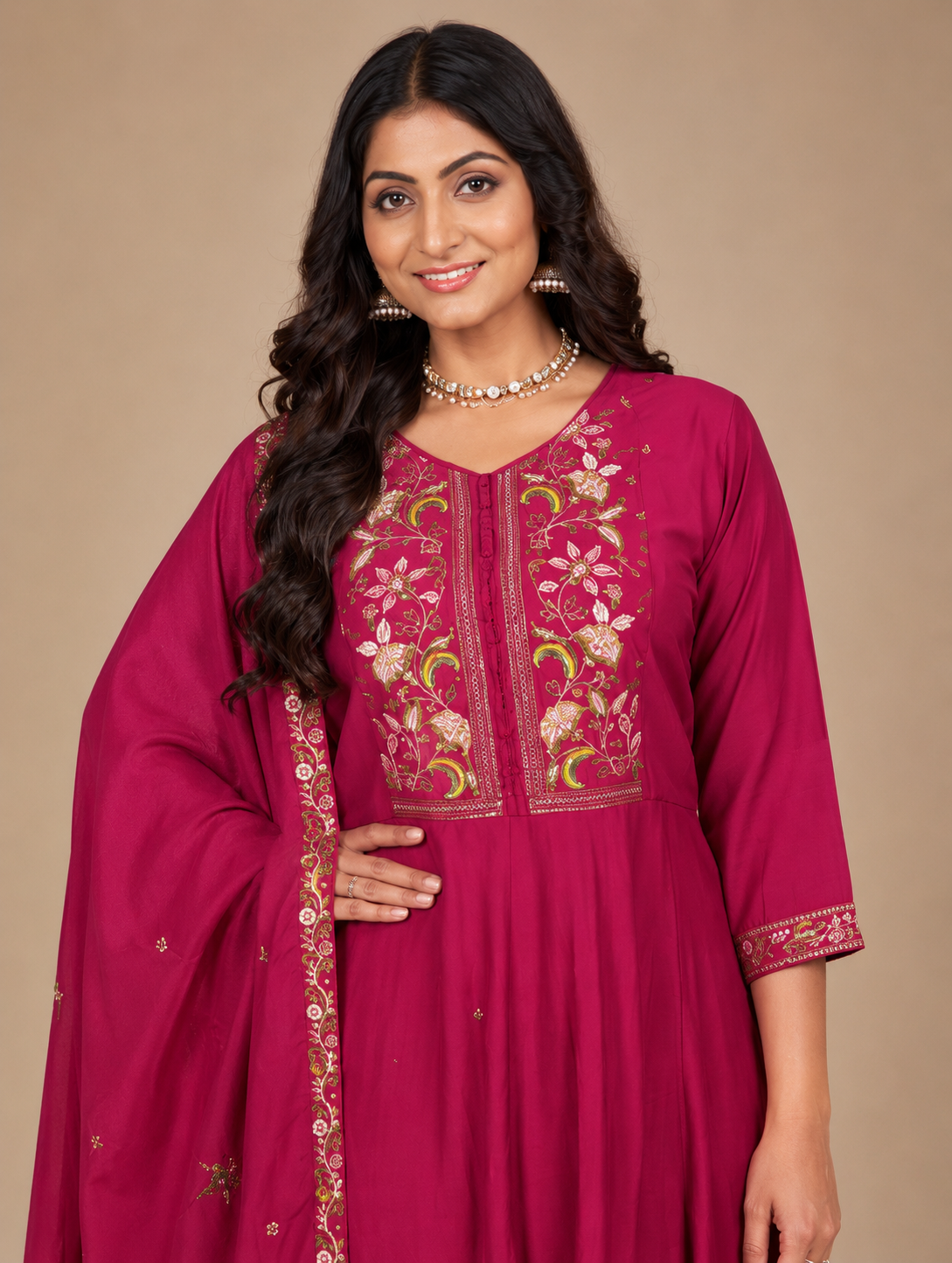 Women's Magenta Embroidered Anarkali Kurta Pant & Dupatta Set