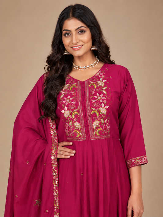 Women's Magenta Embroidered Anarkali Kurta Pant & Dupatta Set