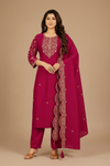 Women's Magenta Embroidered Kurta Pant & Dupatta Set