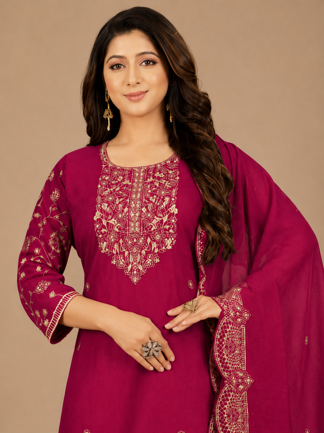 Women's Magenta Embroidered Kurta Pant & Dupatta Set