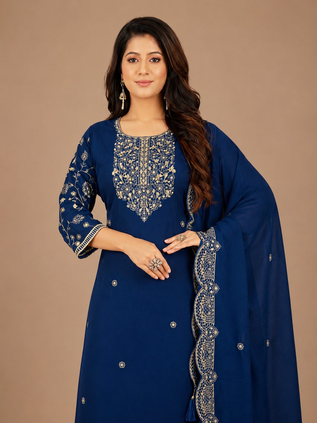 Women's Royal Blue Embroidered Kurta Pant & Dupatta Set