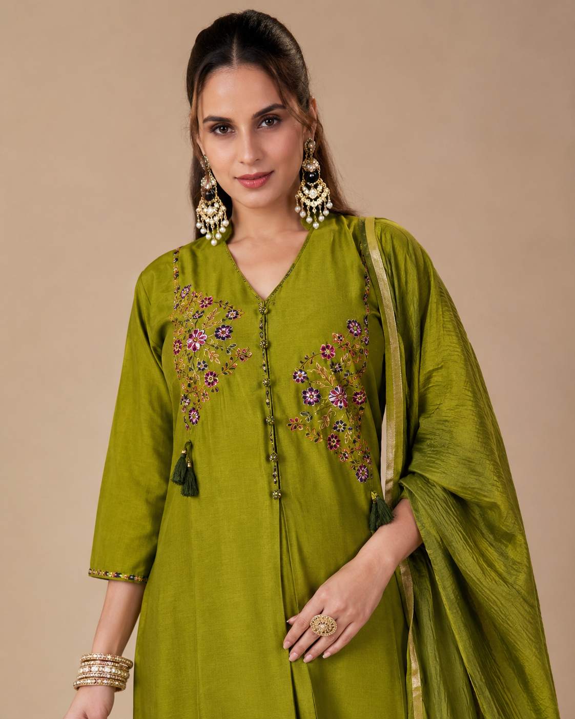 Olive Green Embroidered Kurta Pant Dupatta Set for Women