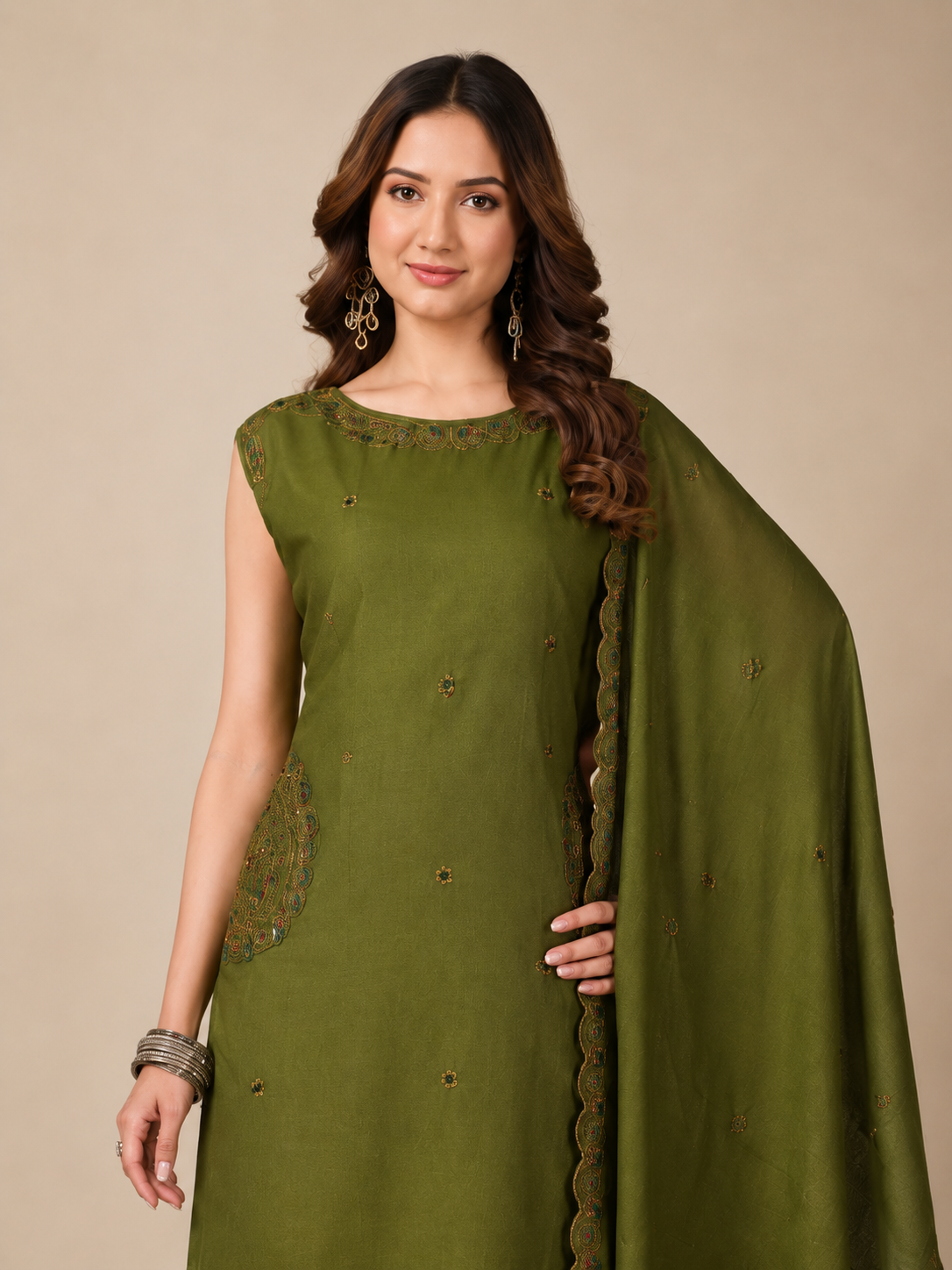 Women's Olive Green Embroidered Kurta Pant & Dupatta Set