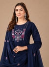 Women's Navy Blue Embroidered Kurta Pant & Dupatta Set