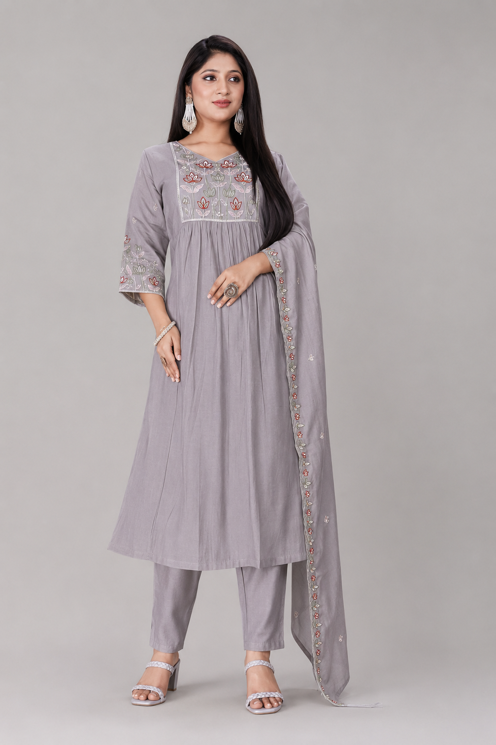 Women  Embroidered Anarkali Kurta Pant Dupatta Set