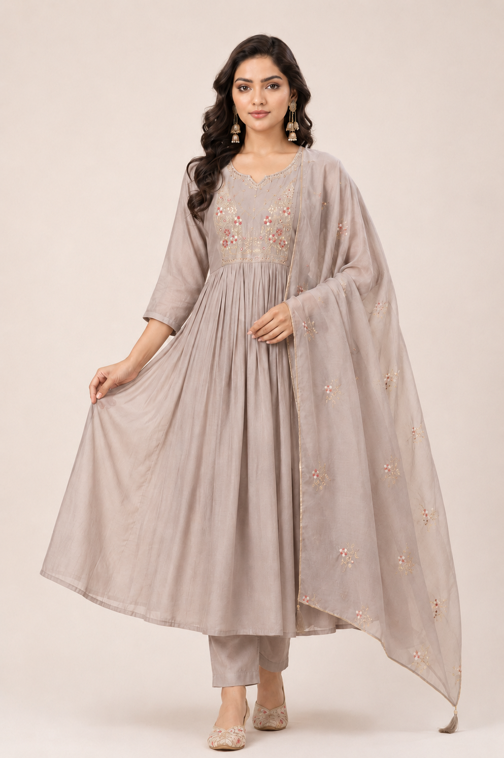 Women  Embroidered Anarkali Kurta Pant Dupatta Set