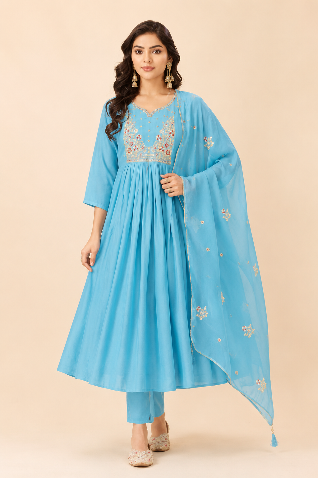 Women  Embroidered Anarkali Kurta Pant Dupatta Set