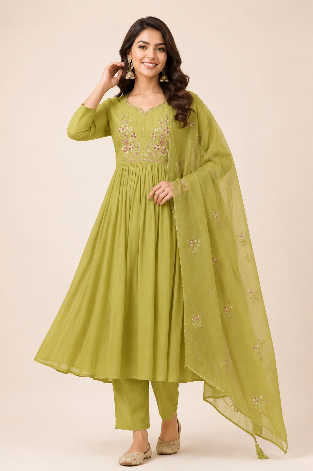 Women  Embroidered Anarkali Kurta Pant Dupatta Set
