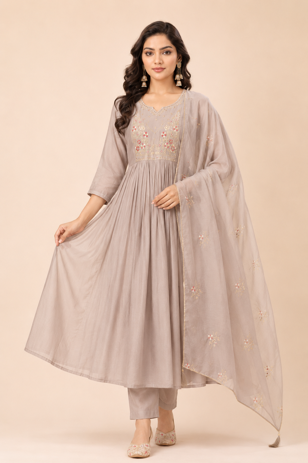 Women  Embroidered Anarkali Kurta Pant Dupatta Set