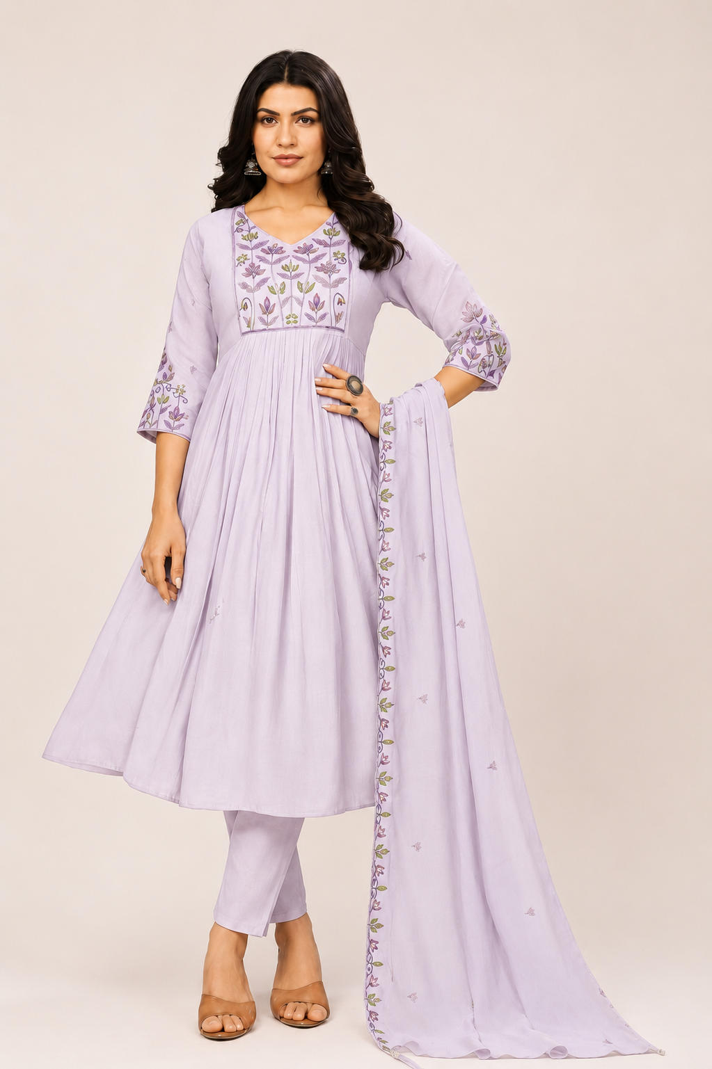 Women  Embroidered Anarkali Kurta Pant Dupatta Set