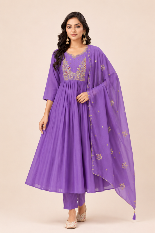 Women  Embroidered Anarkali Kurta Pant Dupatta Set