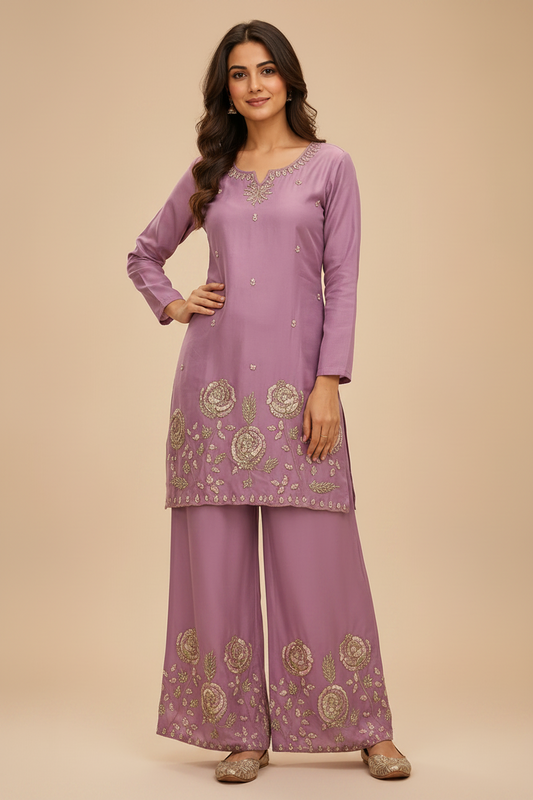 Women’s Lavender Heavy Glass Work Kurta Palazzo Set