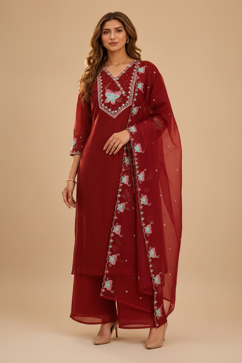 Women’s Wine Butterfly Embroidered Kurta Palazzo Dupatta Set