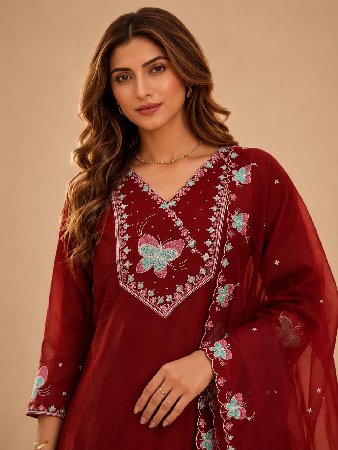 Women’s Wine Butterfly Embroidered Kurta Palazzo Dupatta Set
