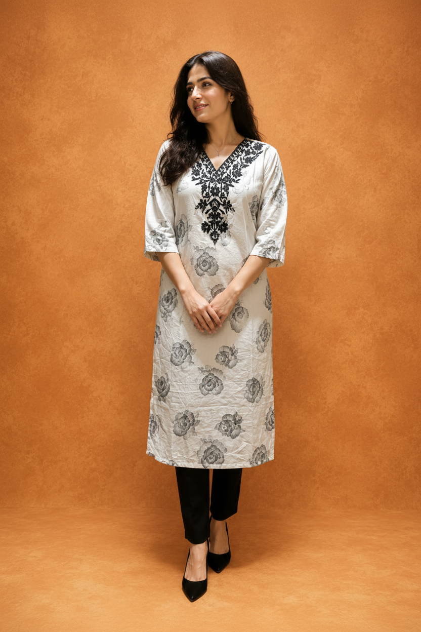 Elegant Beige Floral Printed Embroidered Kurti for Women