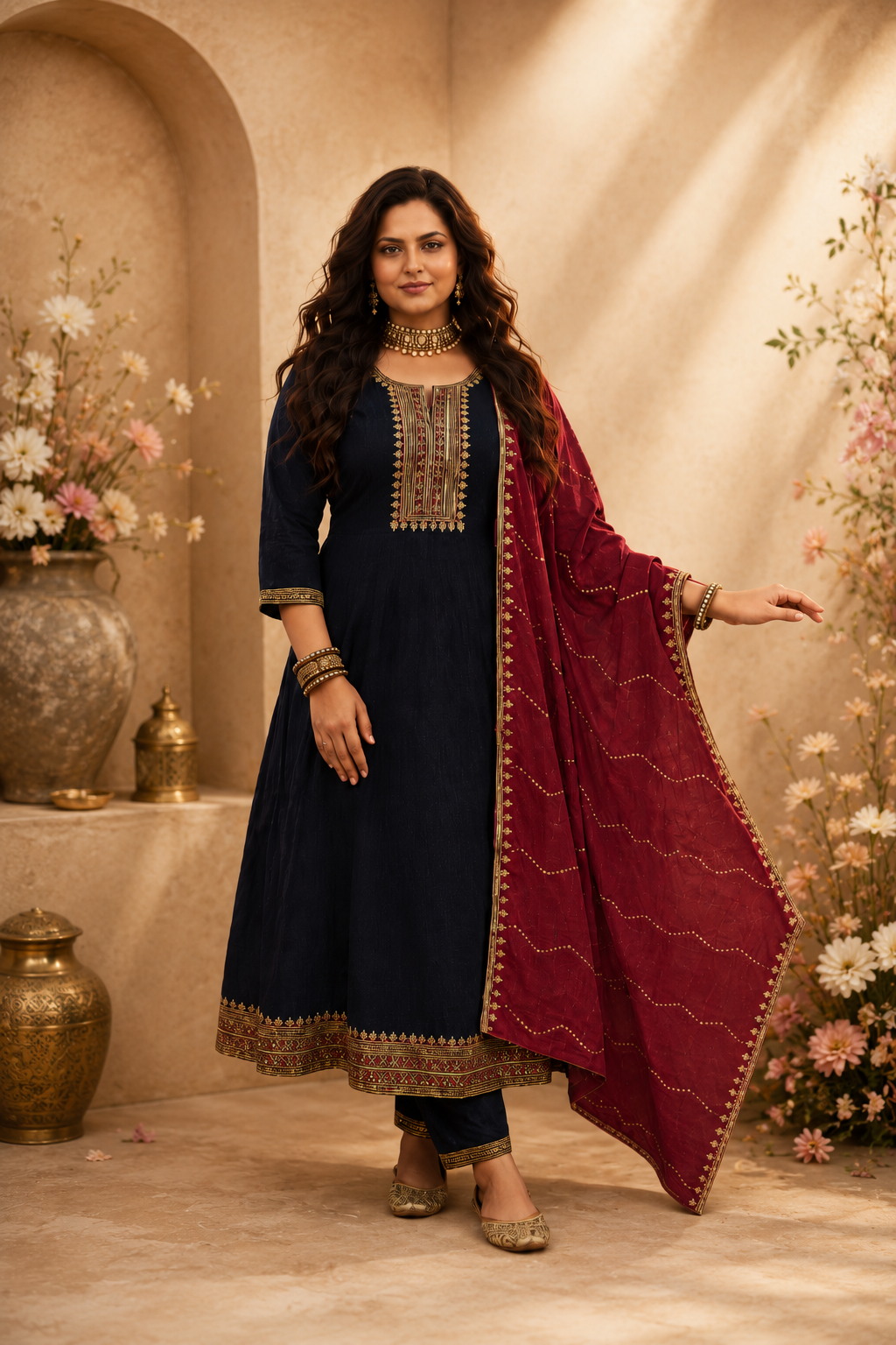 Royal Midnight Blue Embroidered Anarkali Suit Set with Maroon Dupatta
