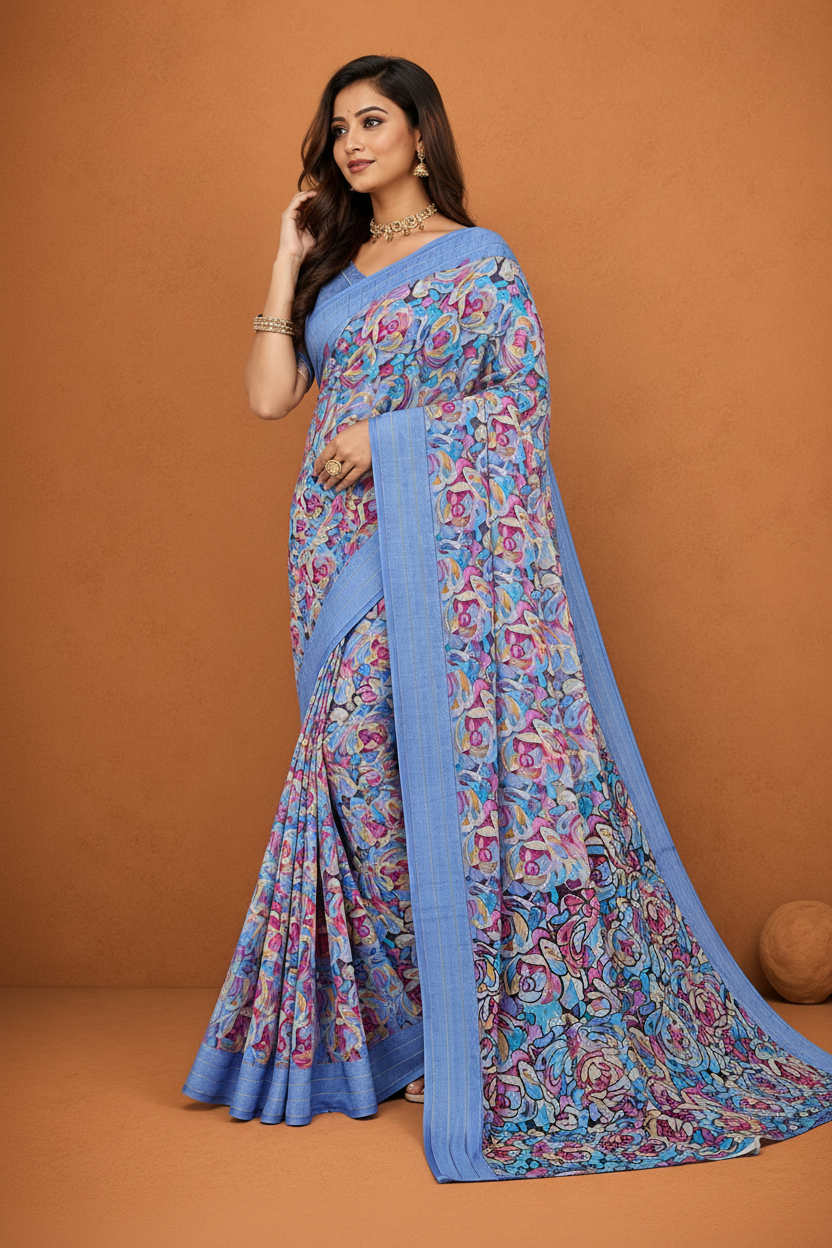 Sky Blue Floral Printed Saree with Elegant Woven Border | Lightweight Party & Festive Wear