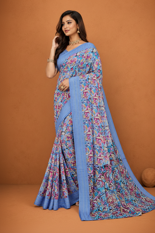 Sky Blue Floral Printed Saree with Elegant Woven Border | Lightweight Party & Festive Wear