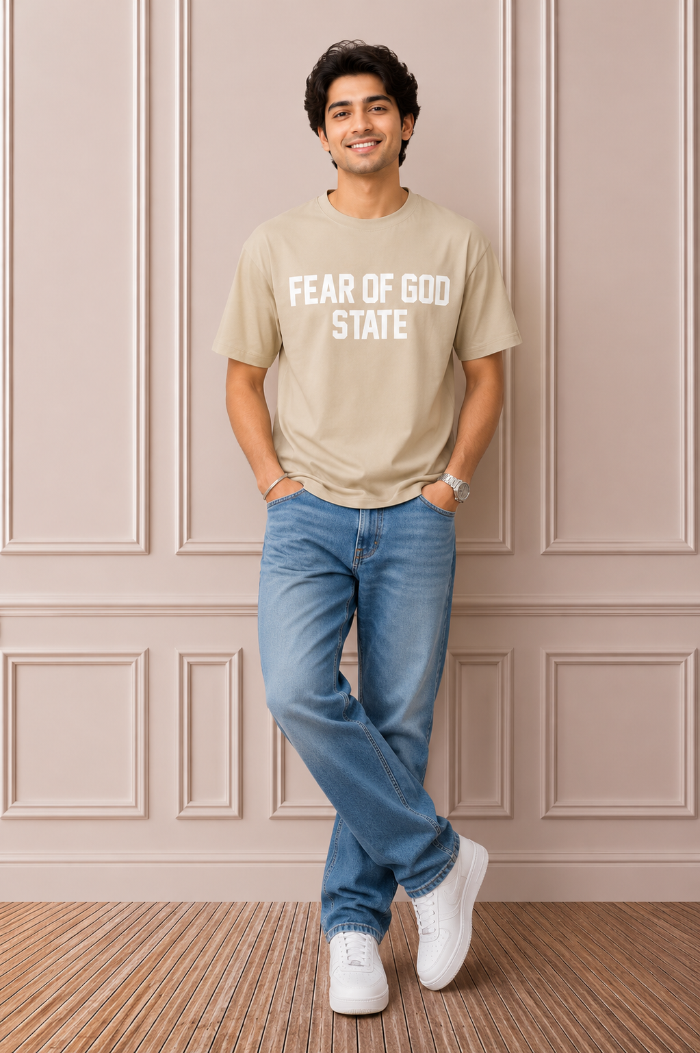 Fear of God State Oversized Printed T-Shirt | Beige Premium Cotton Casual Tee
