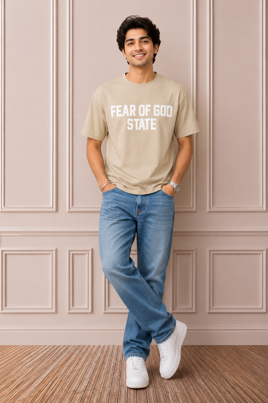 Fear of God State Oversized Printed T-Shirt | Beige Premium Cotton Casual Tee