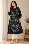 Women's Black Botanical Print A-Line Cotton Kurti