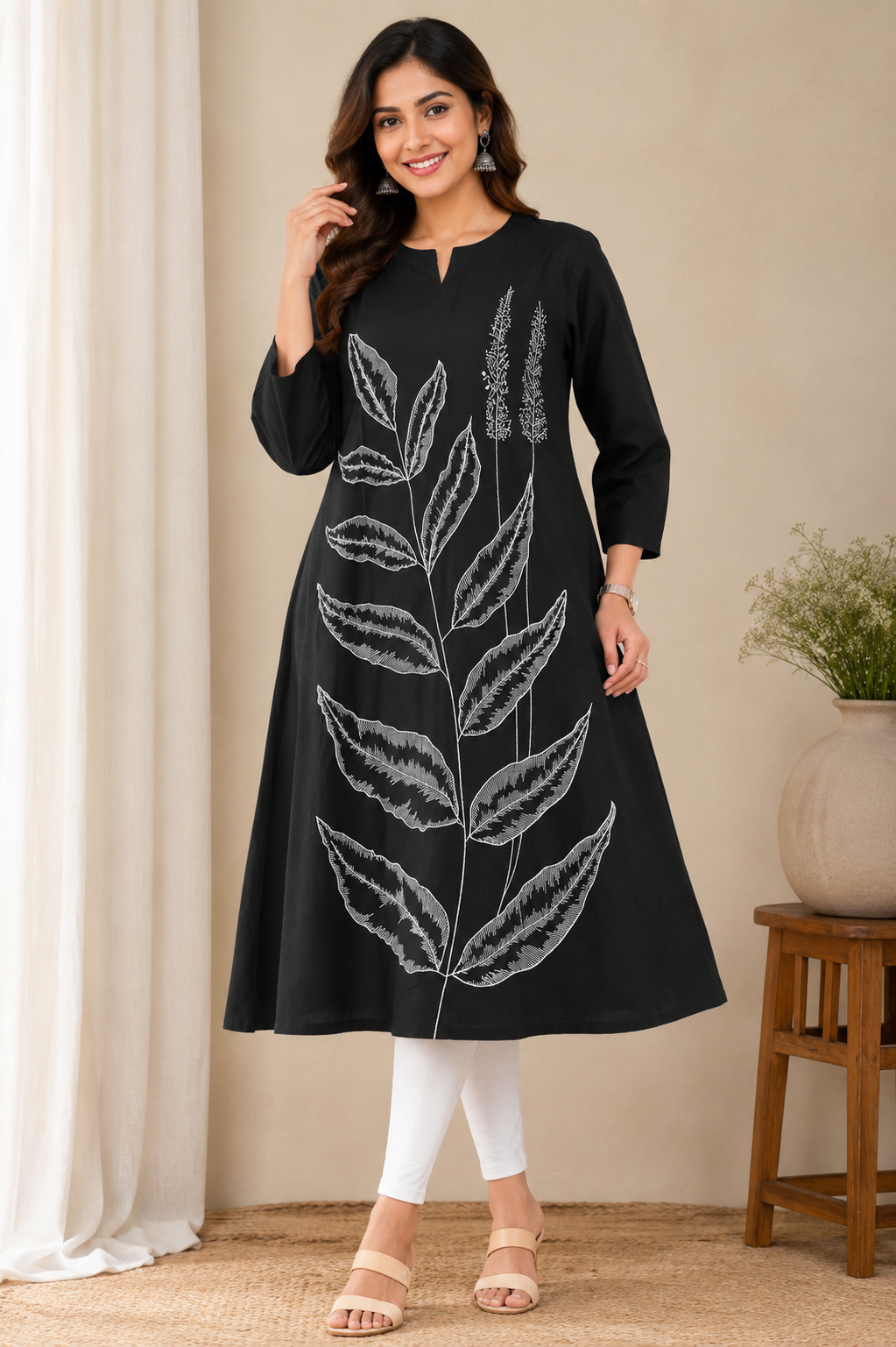 Women's Black Botanical Print A-Line Cotton Kurti