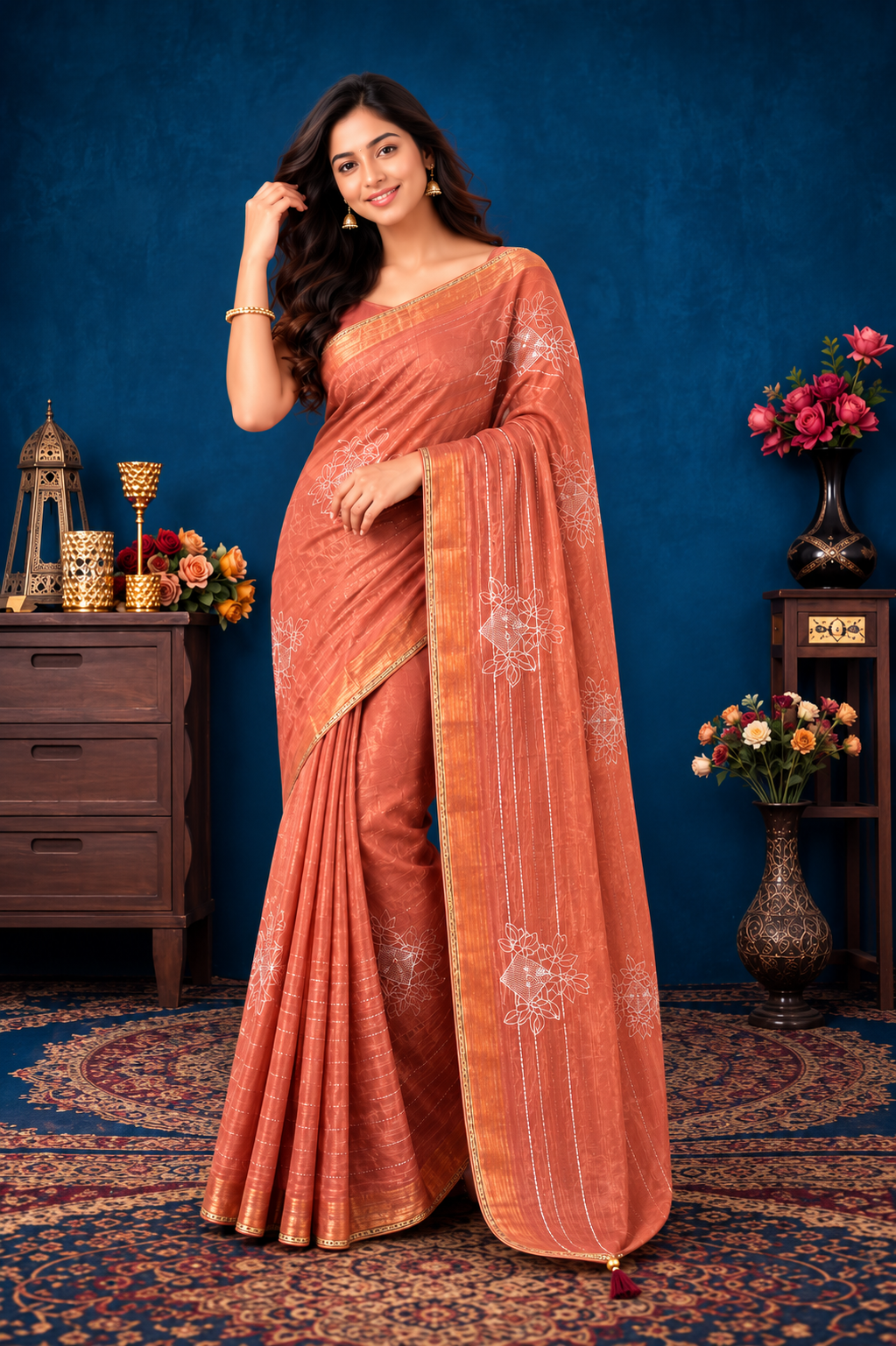 Elegant Rust Orange Floral Designer Saree with Golden Border