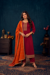 Elegant Maroon Embroidered Kurta Set with Orange Dupatta | Festive & Ethnic Wear for Women