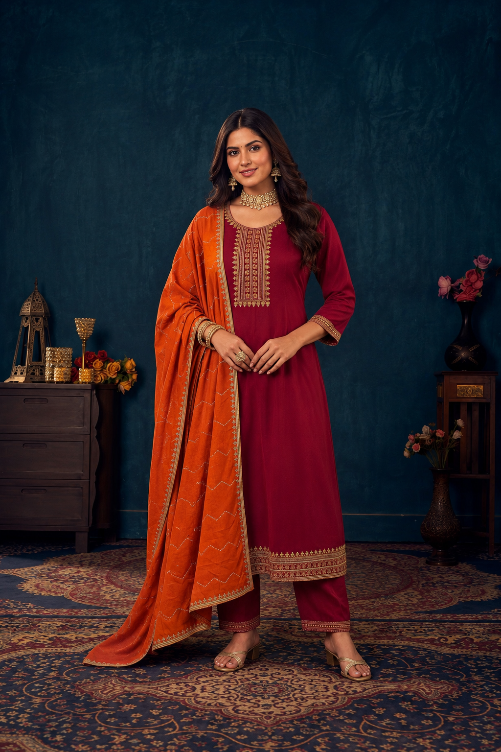 Elegant Maroon Embroidered Kurta Set with Orange Dupatta | Festive & Ethnic Wear for Women