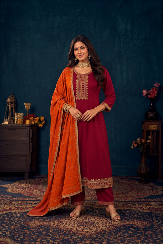 Elegant Maroon Embroidered Kurta Set with Orange Dupatta | Festive & Ethnic Wear for Women